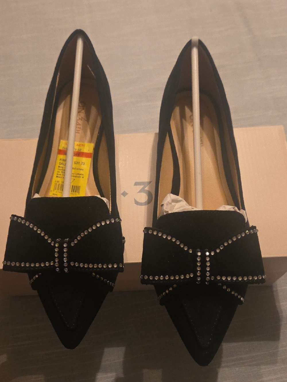 Women's Black Pointed-Toe Flats with Crystal Bow Accent
